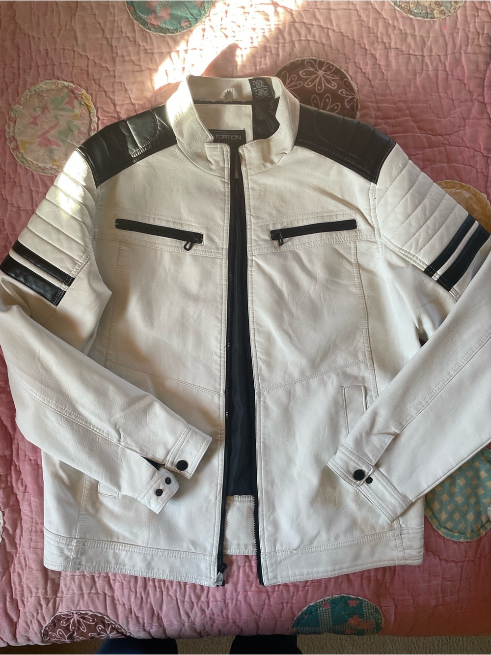 White Leather Like Bomber Jacket with Black Trim by Toren NWOT